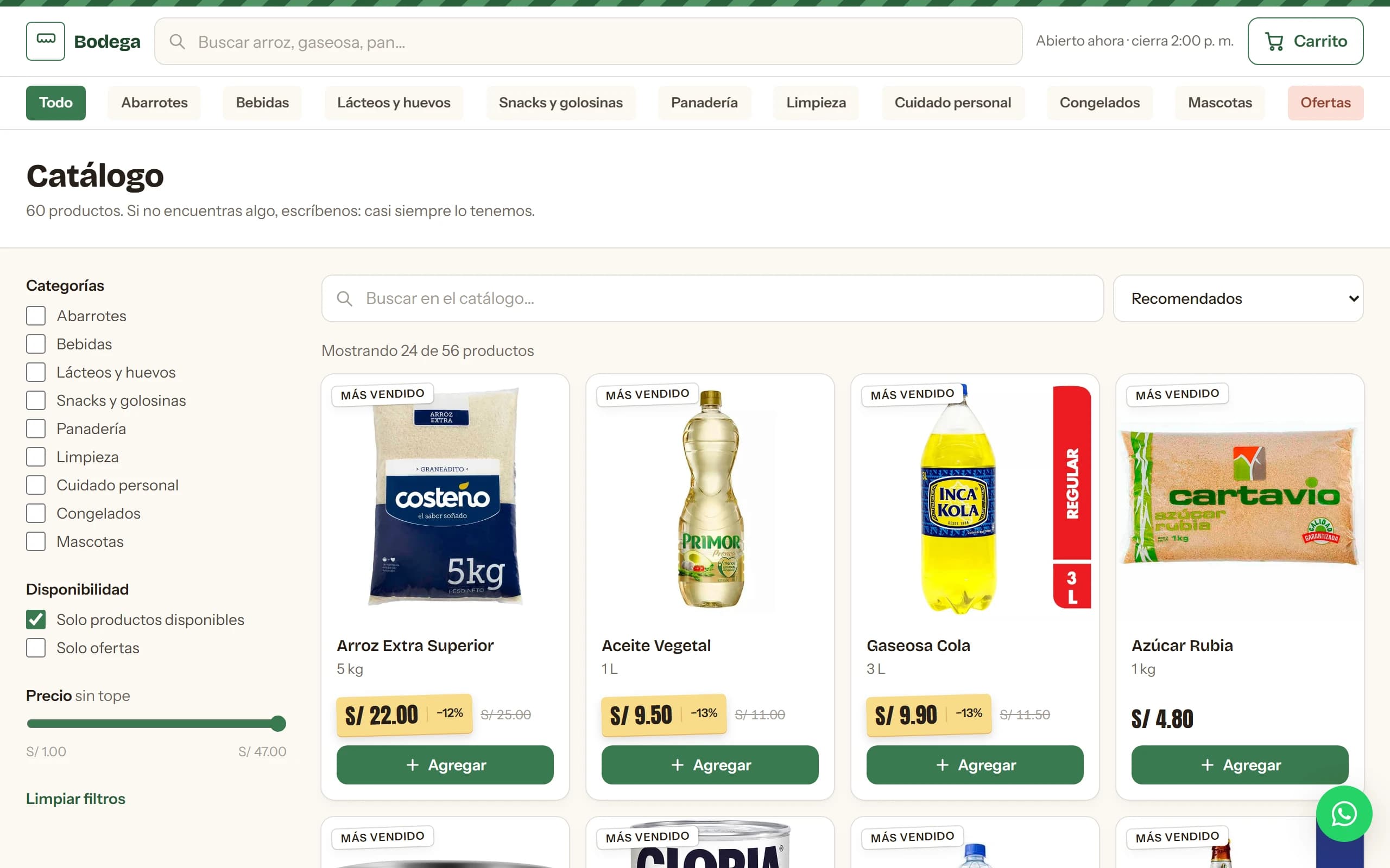 El catálogo con los productos y sus precios