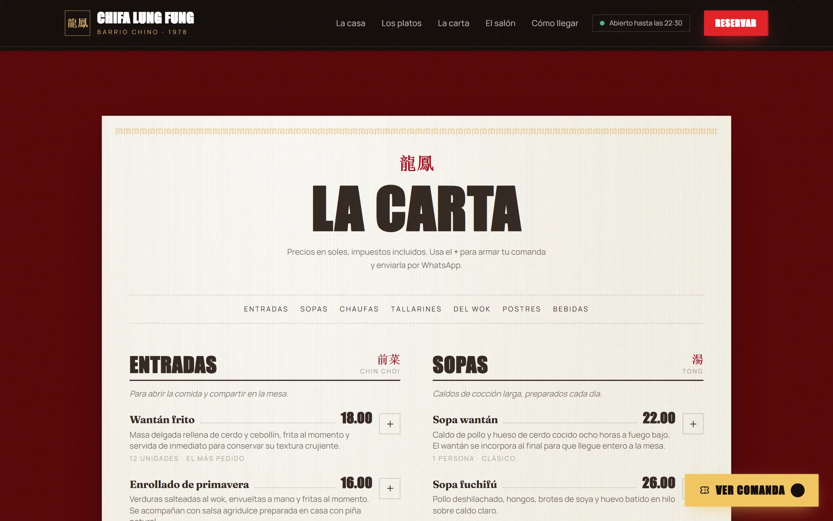 La carta por secciones, con el precio de cada plato