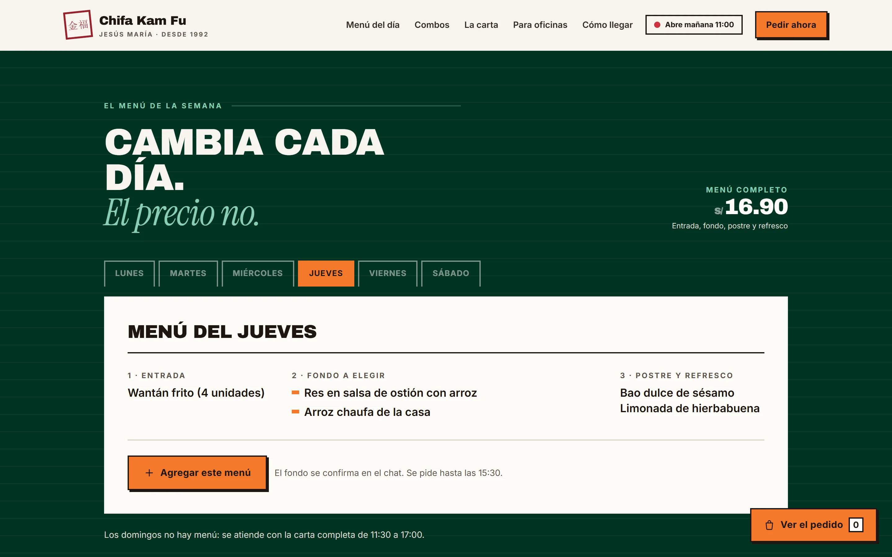 El menú de la semana, con el menú de cada día y su precio