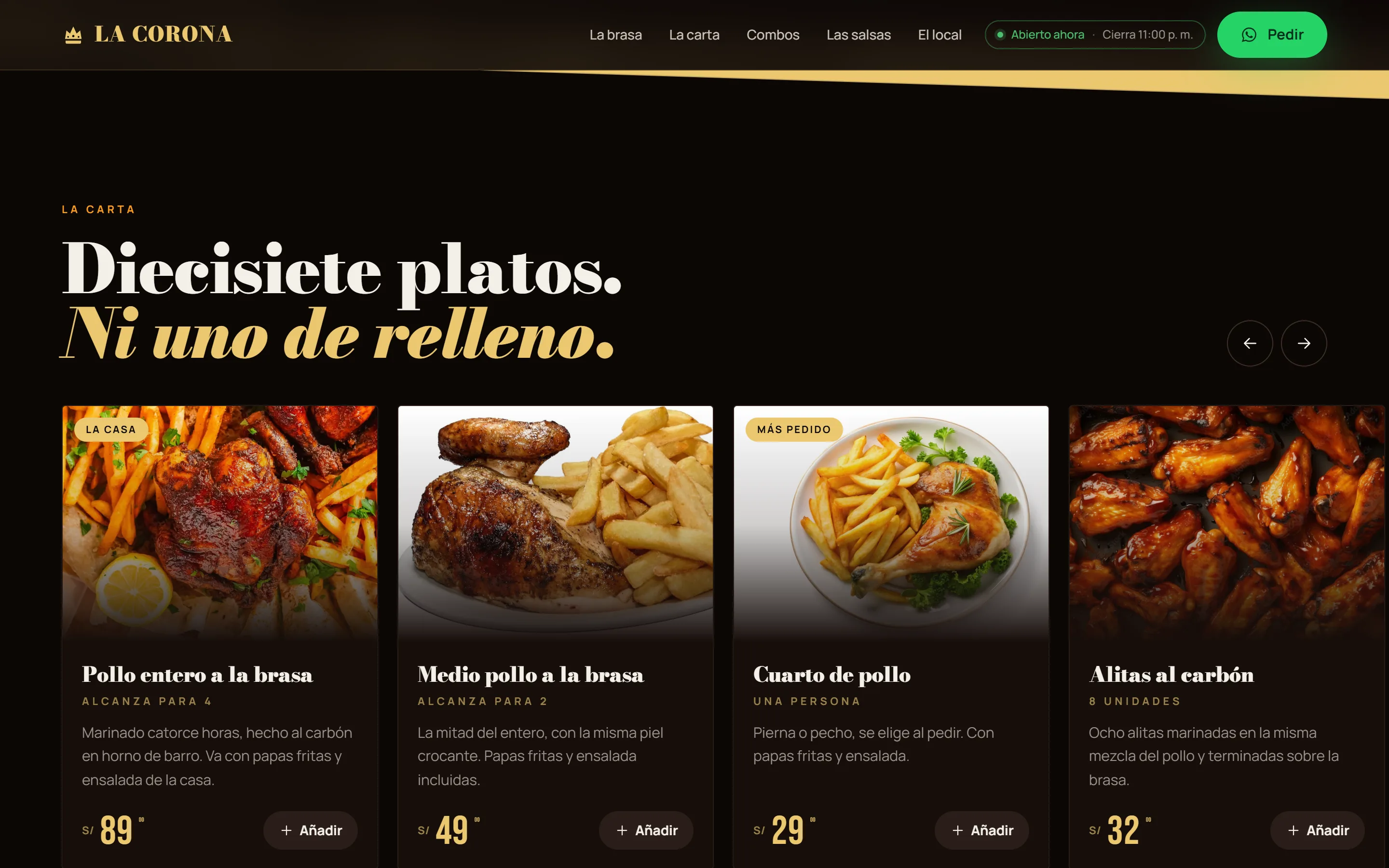 La carta de platos y combos, con su precio